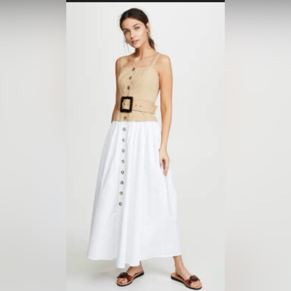 STAUD Beige and White Button-Front Midi Dress with Belt